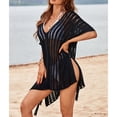 thumbnail image 2 of Traje de baño de punto para mujer, traje de baño con escote en V y rayas verticales con abertura lateral, Top negro, talla libre, 2 of 5