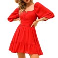 thumbnail image 1 of Vestido corto con volantes y hombros descubiertos para mujer, con mangas abullonadas y lazo en la espalda, color rojo, talla L, 1 of 6