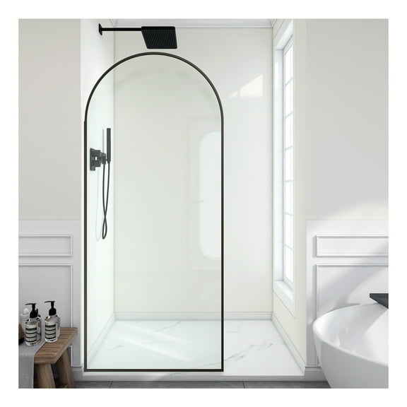 Ember Series 78 in. x 34 in. Framed Arch Fixed Shower Screen Door in Matte Black with 8mm Tempered Clear Glass