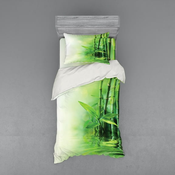 Ambesonne Japanese Bedding Set 3 Pcs, Spa Themed Trees and Blurs, Twin XL, Pale Yellow Green