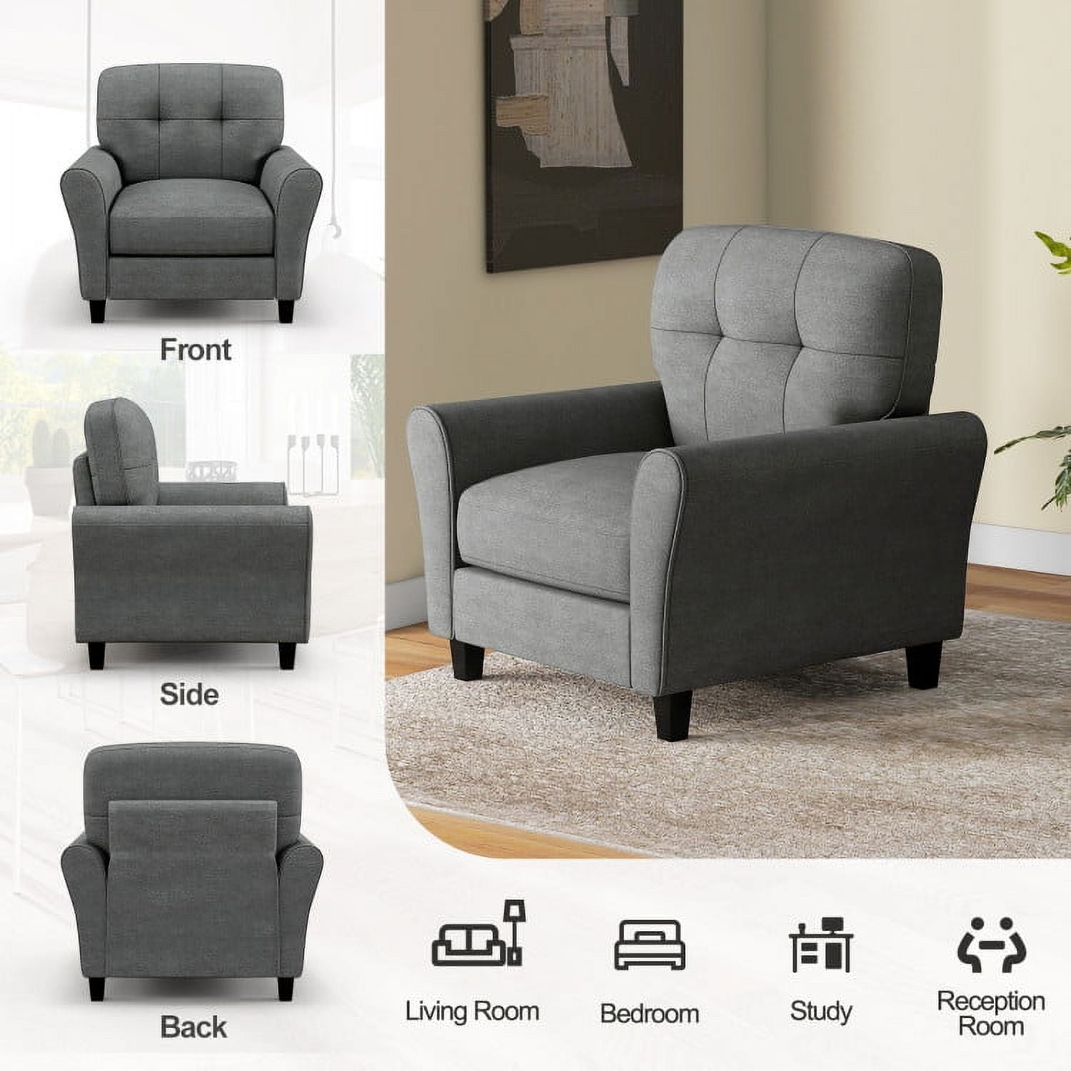 Finihen Upholstered Accent Chair, Modern Upholstered Accent Chair with Rubber Wood Legs, for Living Room, Bedroom, Gray