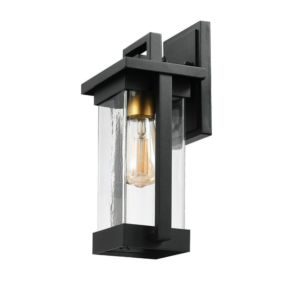 Globe Electric 1-Light Matte Black Outdoor Hardwired Wall Sconce with Brass Accent and Clear Seeded Glass Shade