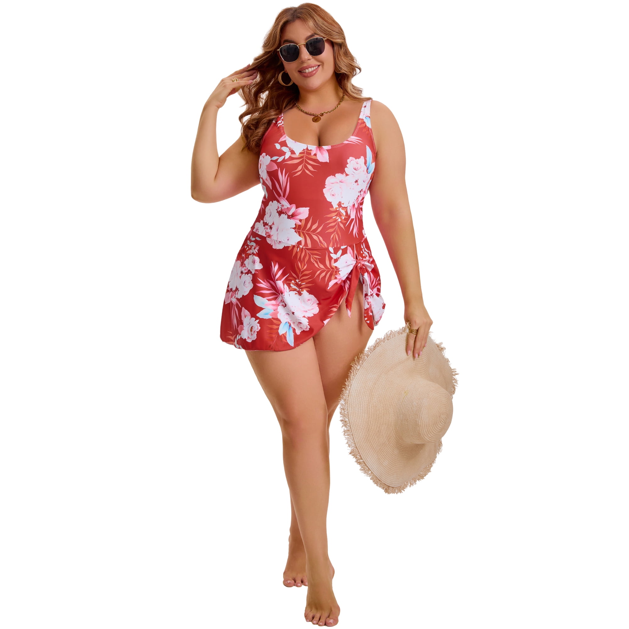 DARING DIVA Women's Plus Swimdress Floral Push Up Bathing Suit 1X Brick Red