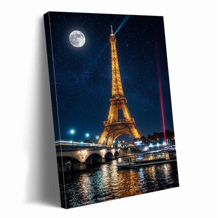 Paris Eiffel Tower Art Night Cityscape Starry Sky Full Moon France Travel Picture Print Romantic Home Decor Gallery Wall