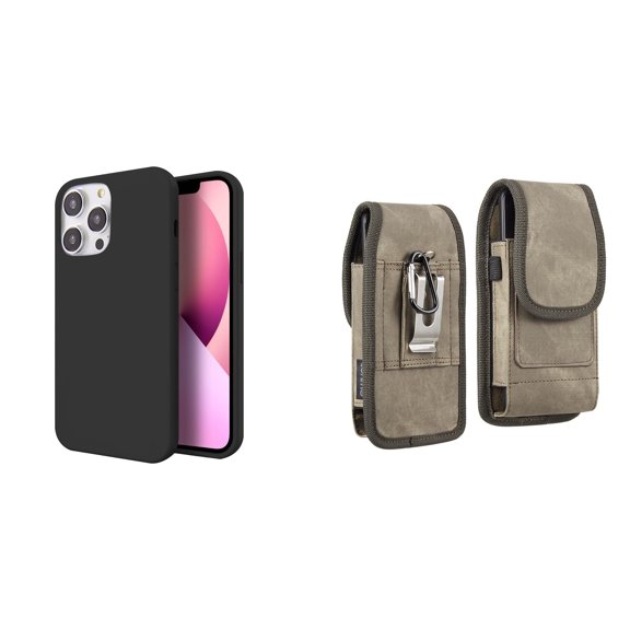 Slim Silicone Case and Belt Holster Pouch for iPhone 14 Pro Max (Black/Brown)