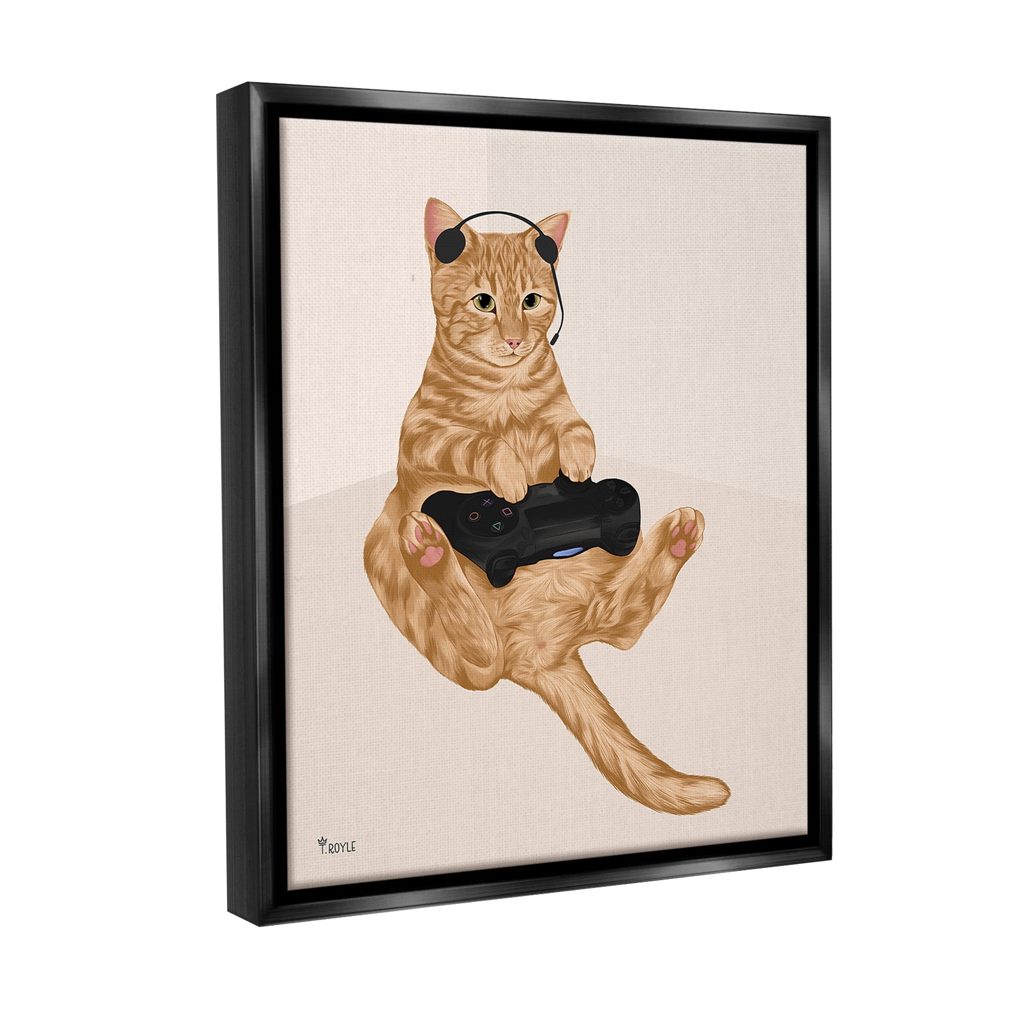 Stupell Industries Gamer Tabby Cat Animals & Insects Painting Black Floater Framed Canvas Art Print Wall Art, 17 x 21
