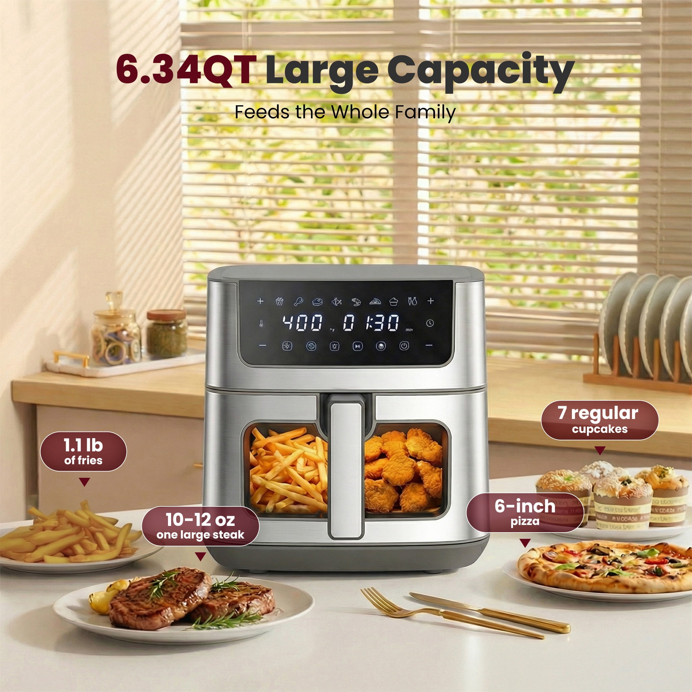 EDX 6QT Stainless Steel Air Fryer with Digital Touchscreen, 1500W, 8 Presets, Dishwasher Safe Basket, 90 Min Timer, 24H Delay Start, Gray