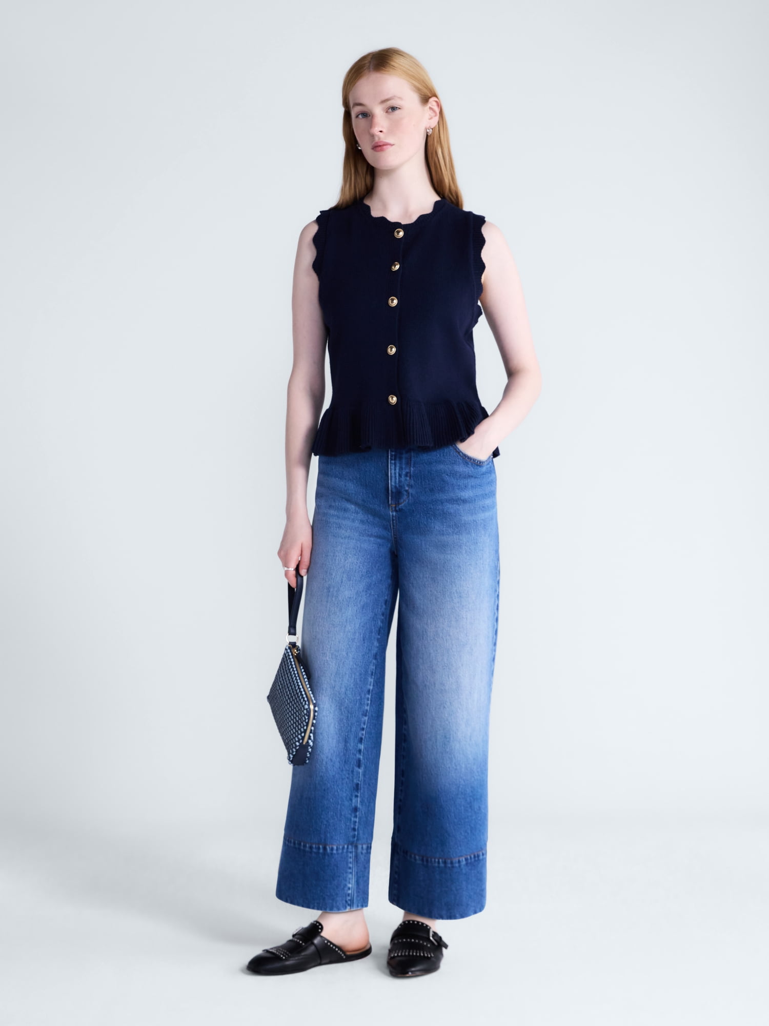 Free Assembly Women's Scalloped Trim Peplum Hem Sweater Vest, Lightweight, Sizes XS-XXL