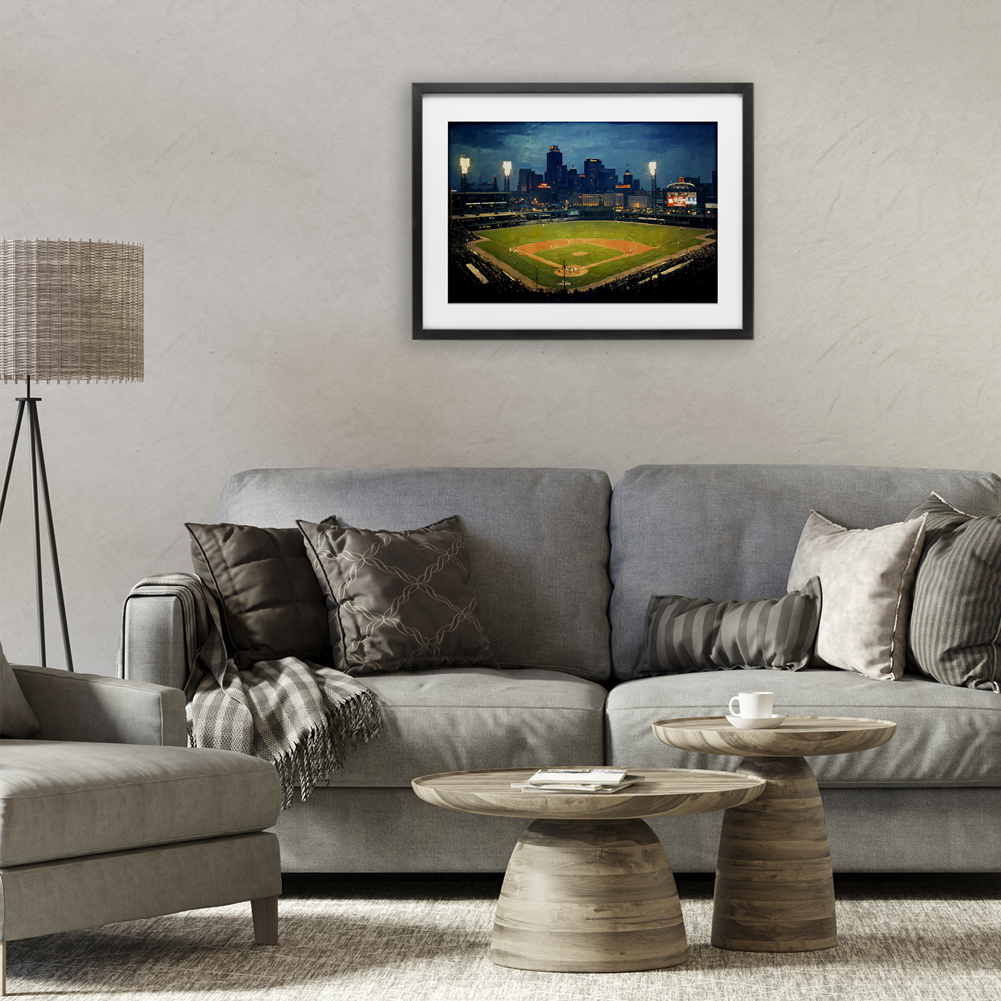 Baseball Stadium at Night Black Framed Print Under Glass, design by Arlington Prints
