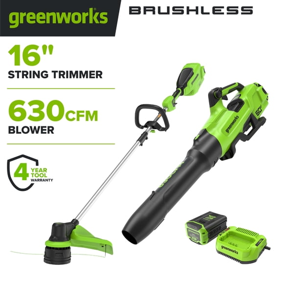 Greenworks 60V 16" String Trimmer & 630 CFM 170 MPH Blower Combo 2.5Ah Battery, 3A Charger 1359802