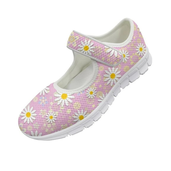 Psesaysky Women's Single Buckle Casual Shoes Pink Daisy Printed Shoes for Ladies and Big Girls Lightweight Comfortable Hook & Loop Walking Shoes
