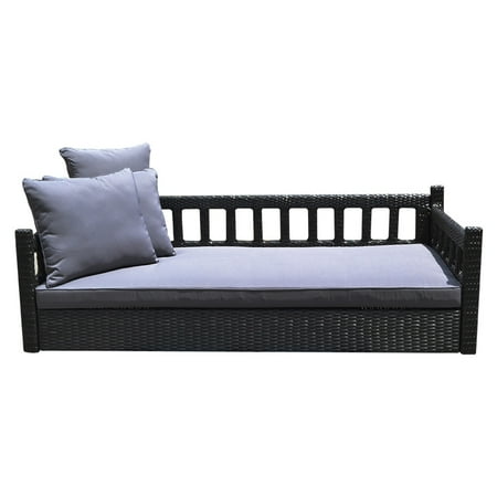 Round Wicker Porch Swing Bed S13 Black 78'' Patio Porch Swing Bed Chair Resin Wicker Tree Ceiling Hanger Hanging W/Chains ()