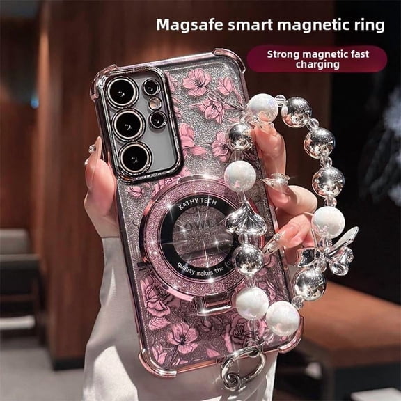 Flower Suitable for Samsung S21/S22/S23/S24/S25/S24/S25 Ultra Plus Mobile Phone Case Four Corners Anti-fall Glitter Magnetic Suction Bracket Galaxy High-end Sense Strap Bracelet Protective Case