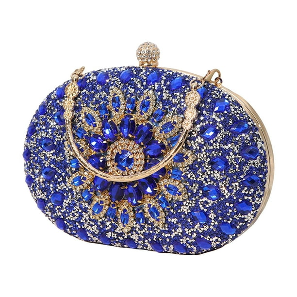 Bolso de mano de noche para mujer, elegante, con brillantes, con cuentas de diamantes de imitación, pequeño bolso de mano. azul