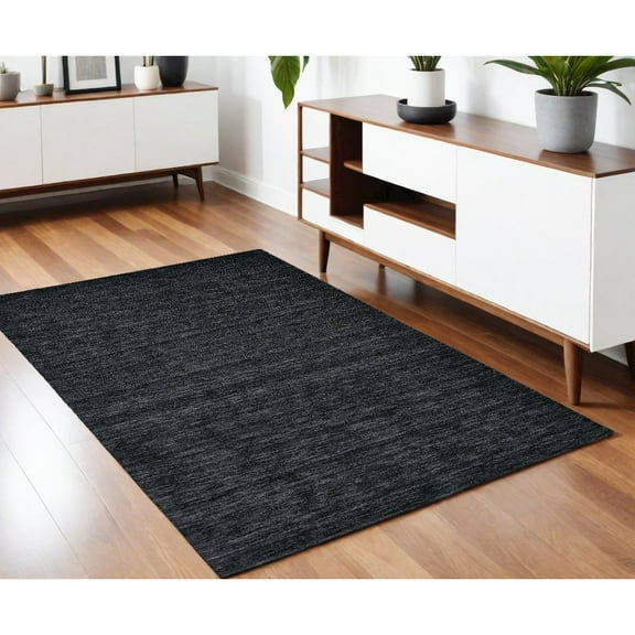 4' X 6' Black Wool Hand Woven Stain Resistant Area Rug