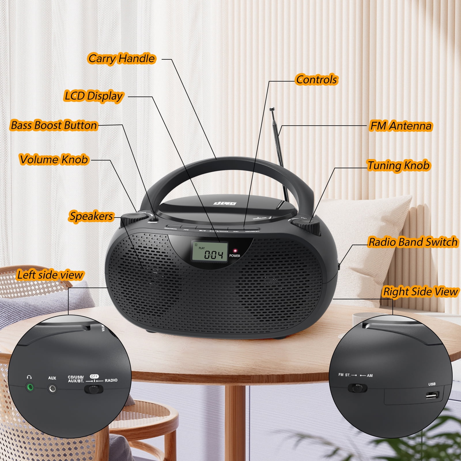 Portable CD Boombox with Bluetooth, USB, Radio, and Bass Boost - Black