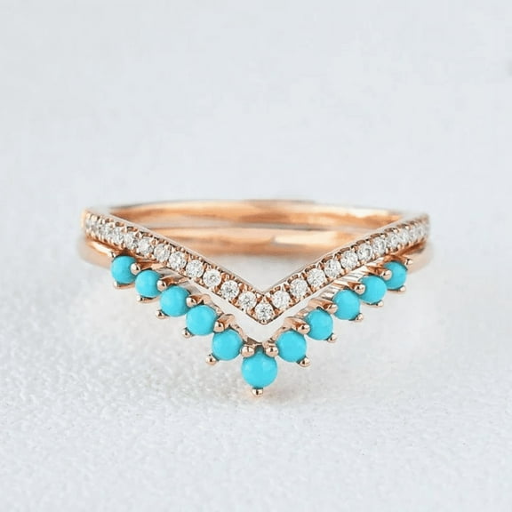 Vintage Art Deco Ring Set in 14K Yellow Gold Vermeil- Turquoise Engagement Band- December Birthstone