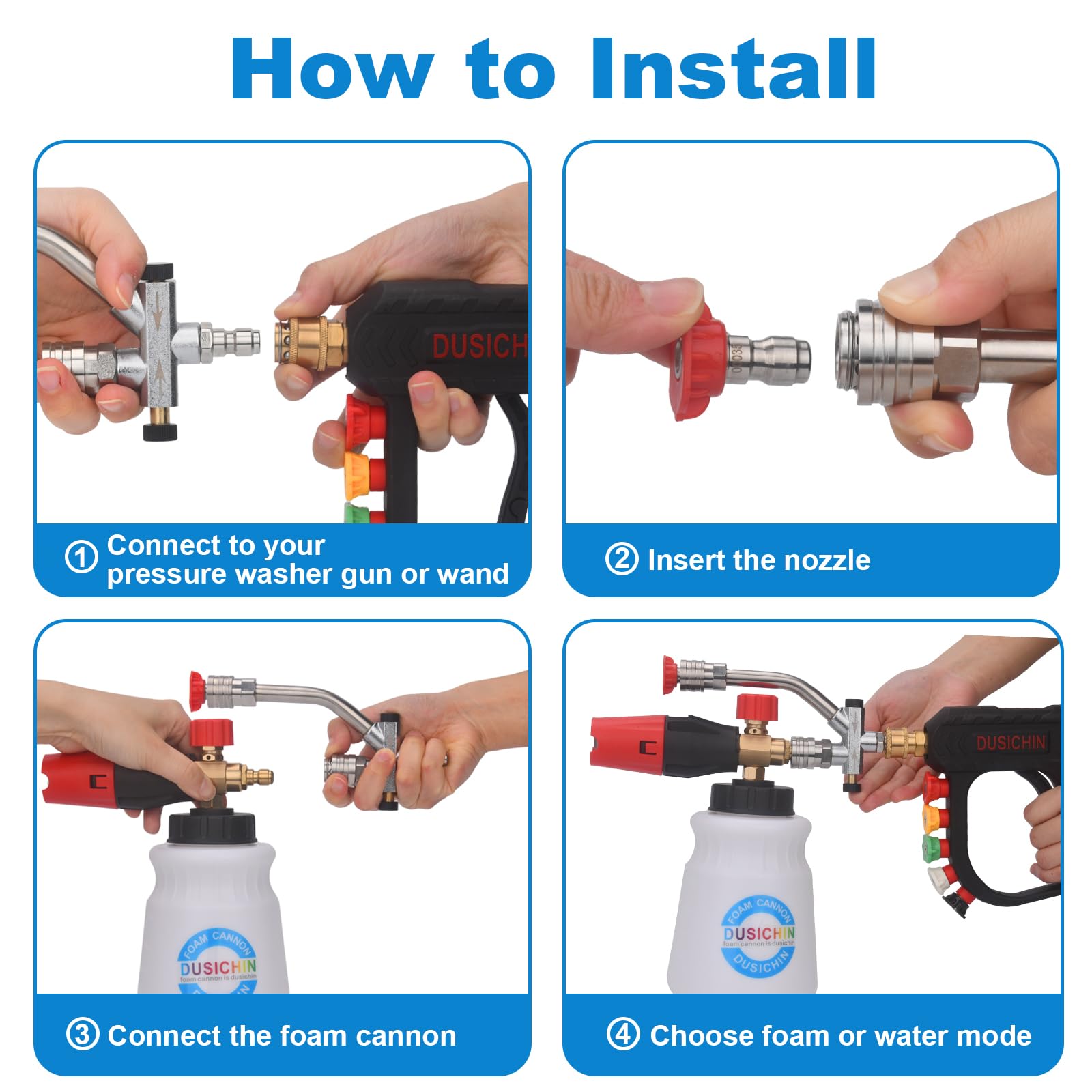 DUSICHIN Pressure Washer Short Gun Foam Cannon 1/4" Quick Connector,Car Wash Foam Gun Kit Dual Connector Accessory,Double Tip Attachment For Soap Cannon with 5 Nozzle Tips