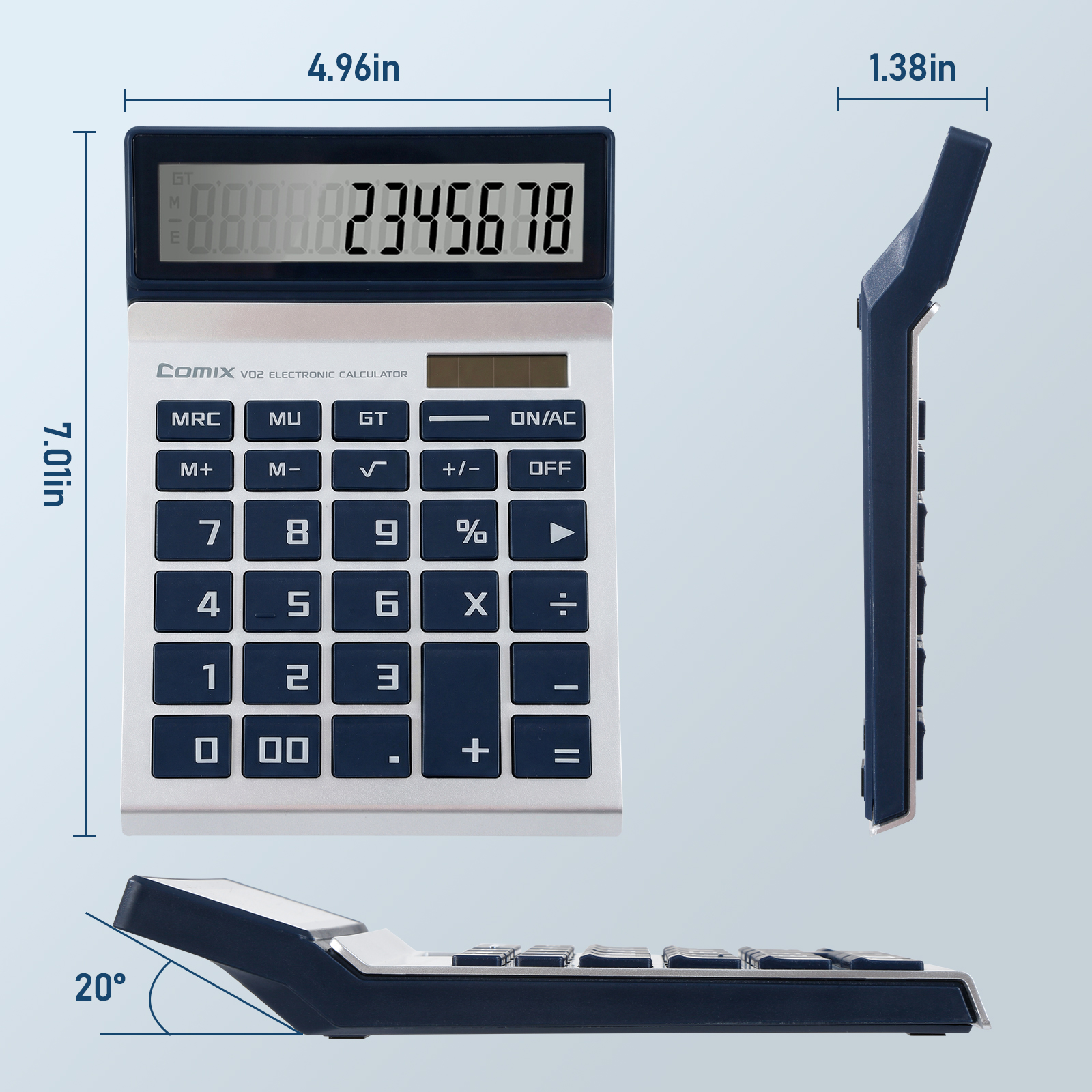 COMIX 12-Digit Desktop Calculator, Dual Power, Blue photo 8