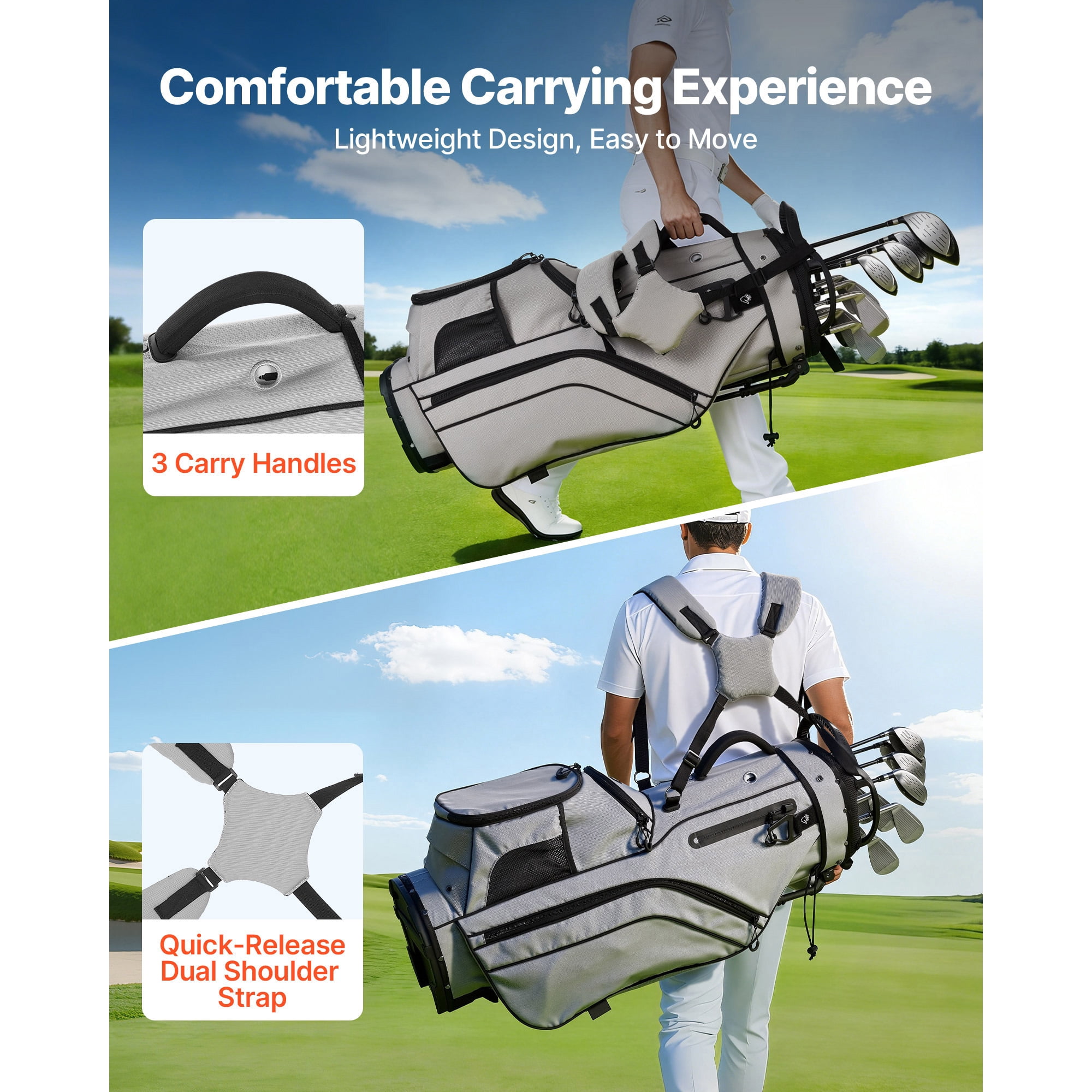 KFFKFF Golf Cart Bag with 14-Way Divider, Dual Shoulder Straps, Support Legs, Rain Cover, Multiple Storage Pockets, Lightweight Polyester Design for Men and Women