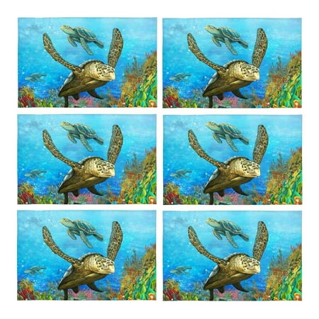 

MKHERT Sea Turtle with Coral Reef Art Placemats Table Mats for Dining Room Kitchen Table Decoration 12x18 inch Set of 6