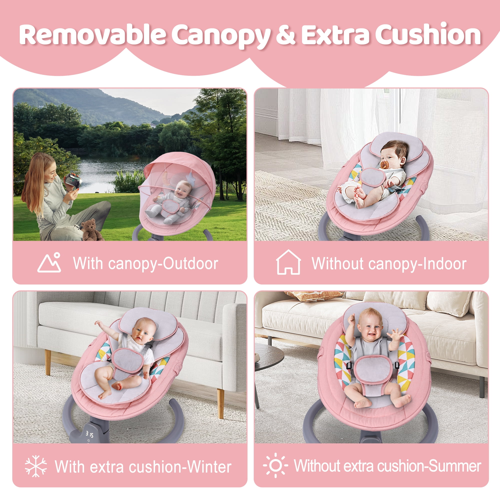 Baby Swing,HDJ Baby Swing for Infants,Portable Electric Baby Rocker with 5 Sway Speed,10 Preset Songs,Remote Control,Bluetooth Music,Pink