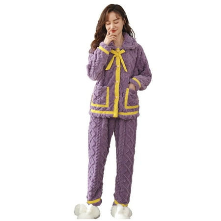 

Flannel Women Coral Velvet Pajamas Autumn and winter Plus Velvet Home Service Cardigan Thick Two-piece Suit