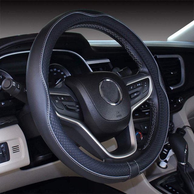 Microfiber Leather Car Small Steering wheel Cover (14''-14.25'', Black Gray)