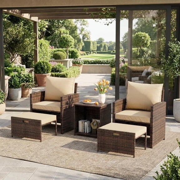Senfot 5-Piece Outdoor Rattan Furniture Set, Rattan   Soft Cushion, Outdoor Sofa Set for Patio Garden Brown Gray