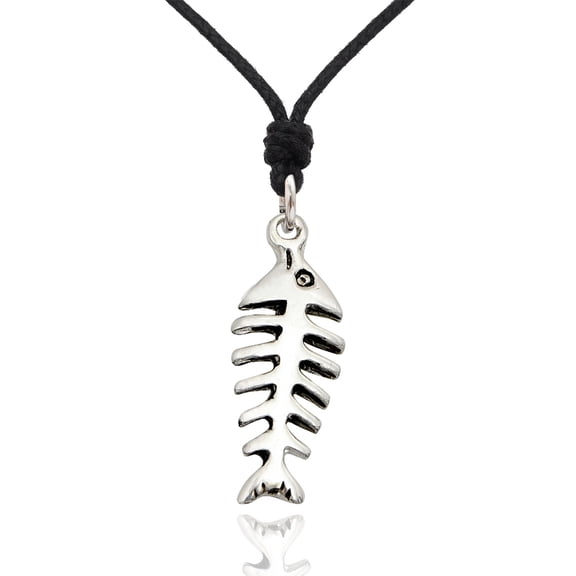 New Fish Skeleton Bones Silver Pewter Charm Necklace Pendant Jewelry With Cotton Cord