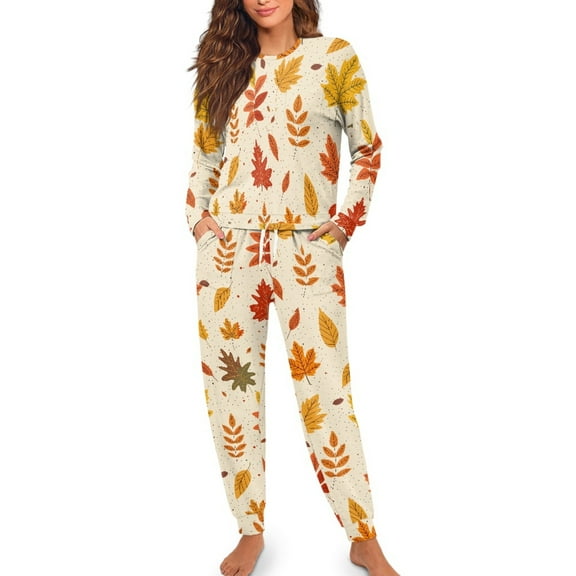 SCRAWLGOD Fall Decor Women's Round Collar Pajama Sets with Drawstring Pockets Long Sleeve Tee and Pant with Breast-Pocket 2 Piece Casual Comfy Sleep Set, Maple Leaf Print Spots Beige, S