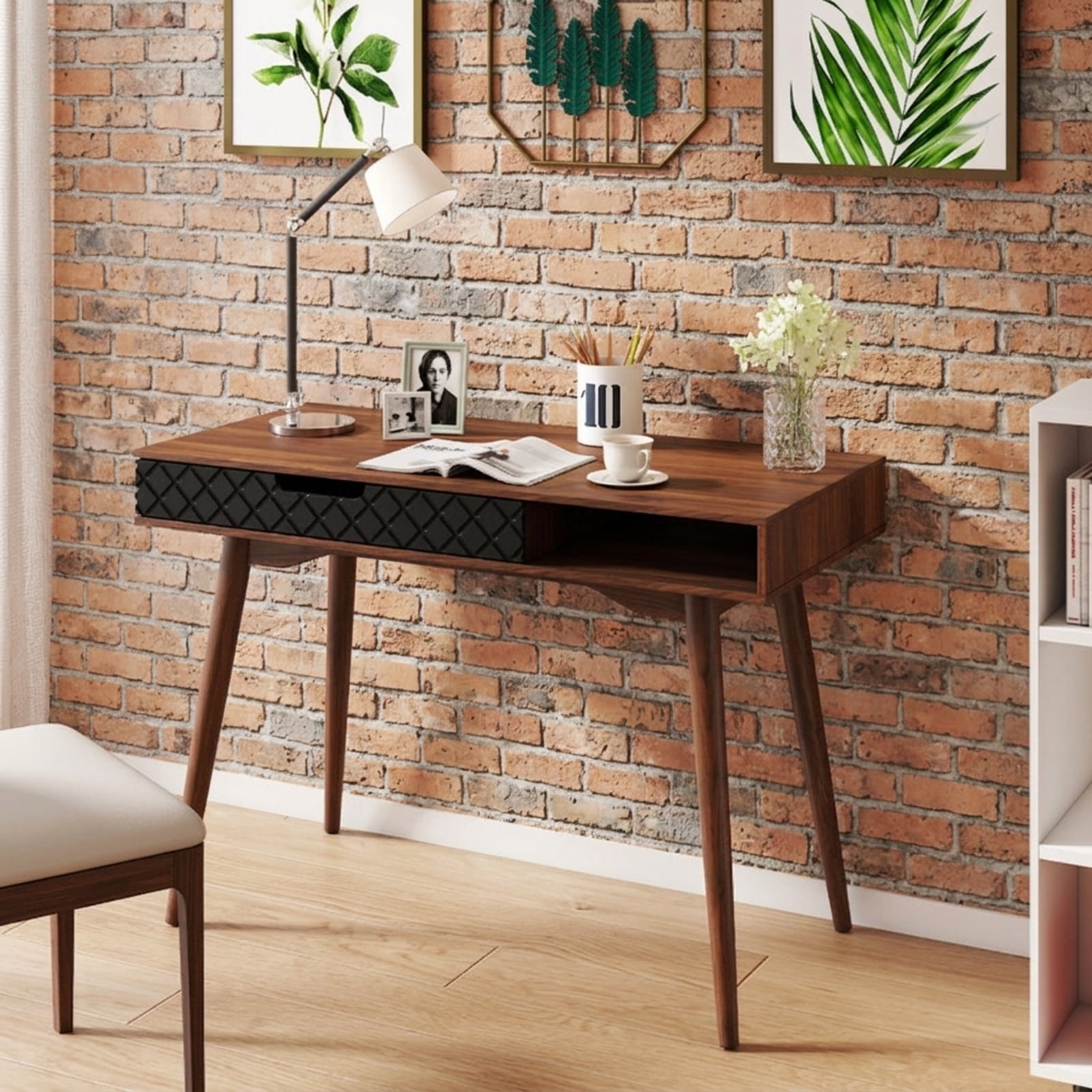 Furnibear Mid Century Modern Computer Desk with Drawer and Open Compartment for Home Office Study Writing, Brown