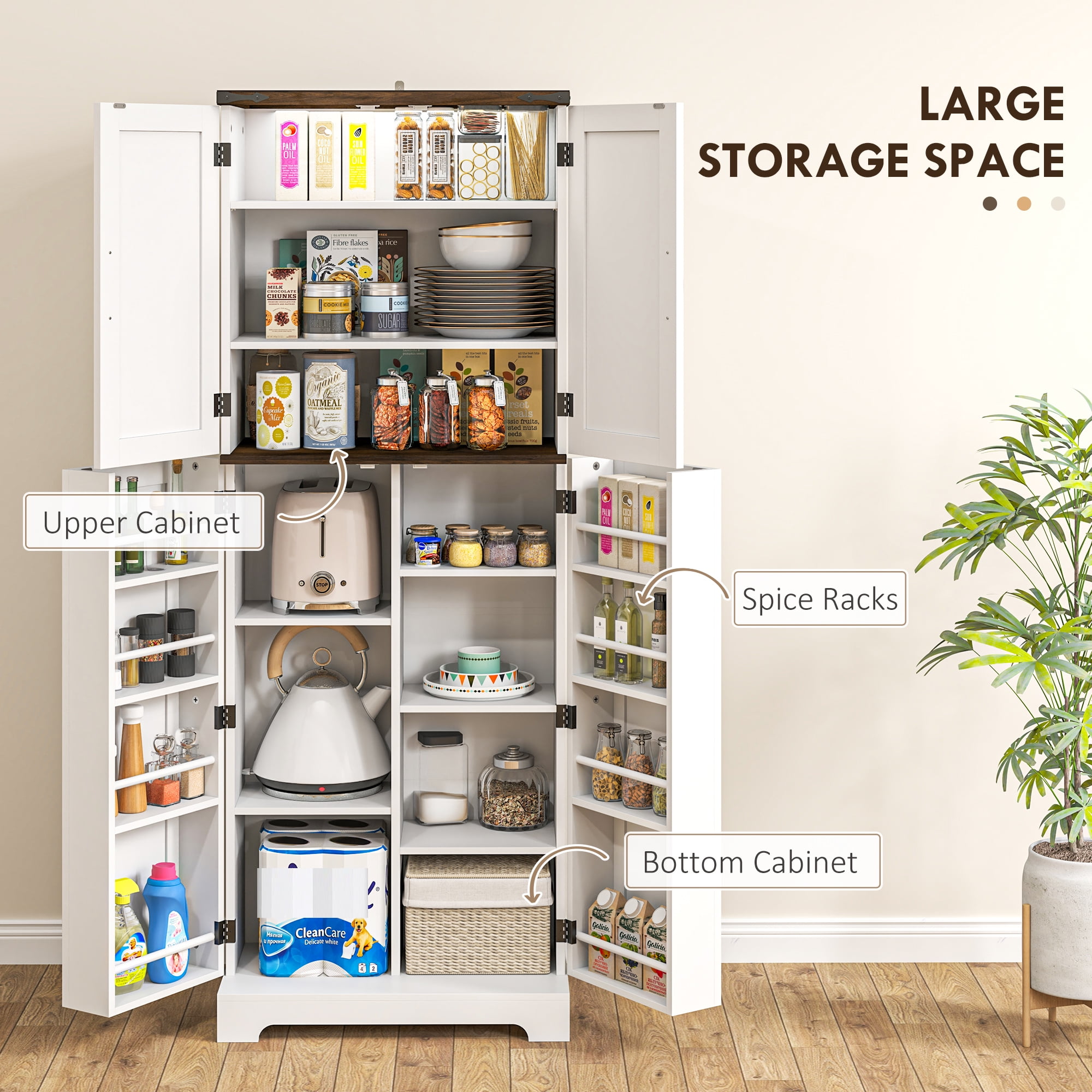 HOMCOM 64" Kitchen Pantry Storage Cabinet with Motion Sensor Light, Spice Racks and Adjustable Shelves, White