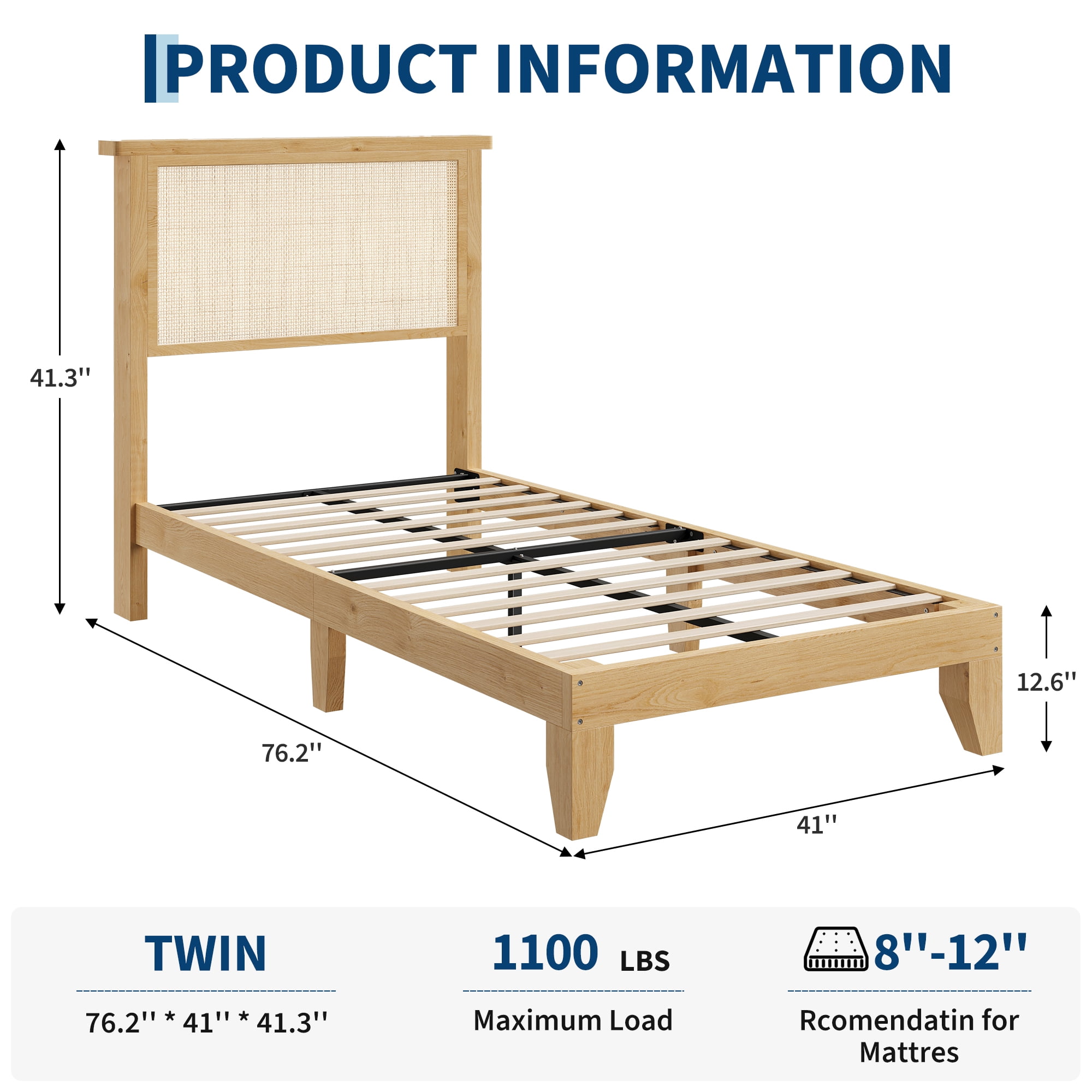 Twin Rattan Bed Frame, Bohemian Rattan Bed Frame Twin with Natural Headboard, LED Lights, No Box Spring Needed