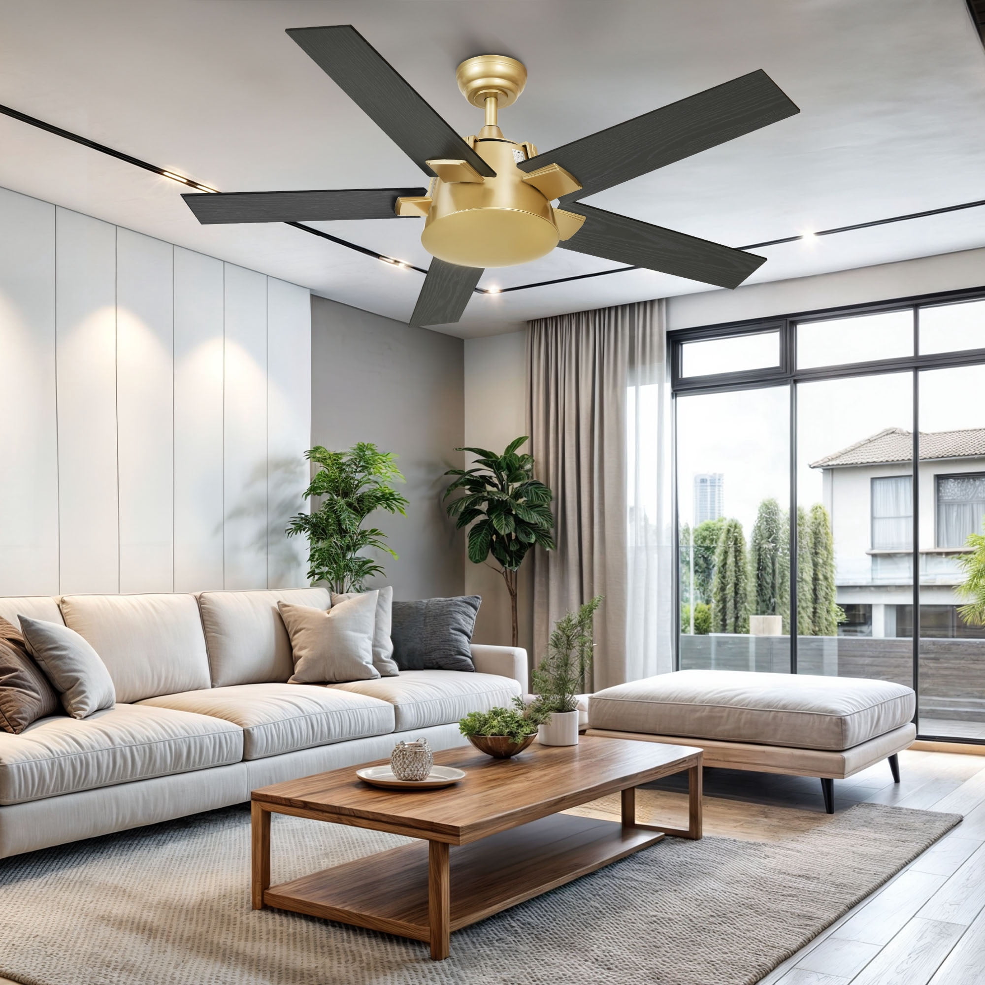 Uforic 52 Inch Modern Black Gold Ceiling Fan with Wall Switch Remote,Ceiling Fan No Lights for Indoor Outdoor