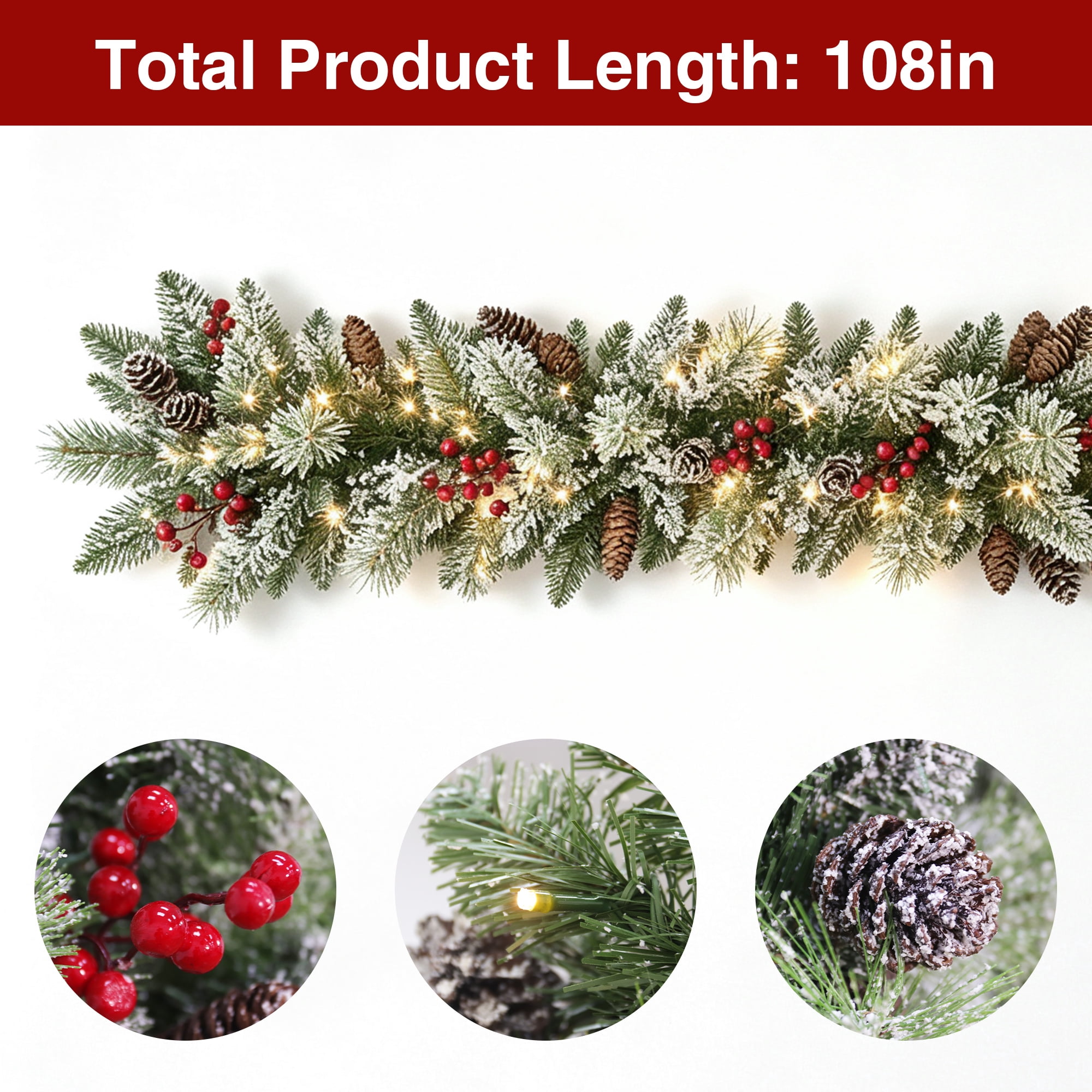Abble 108" Artificial Christmas Garland, Pre‑Strung Warm‑White LED Lights for Indoor & Outdoor Mantel Stairway Decoration