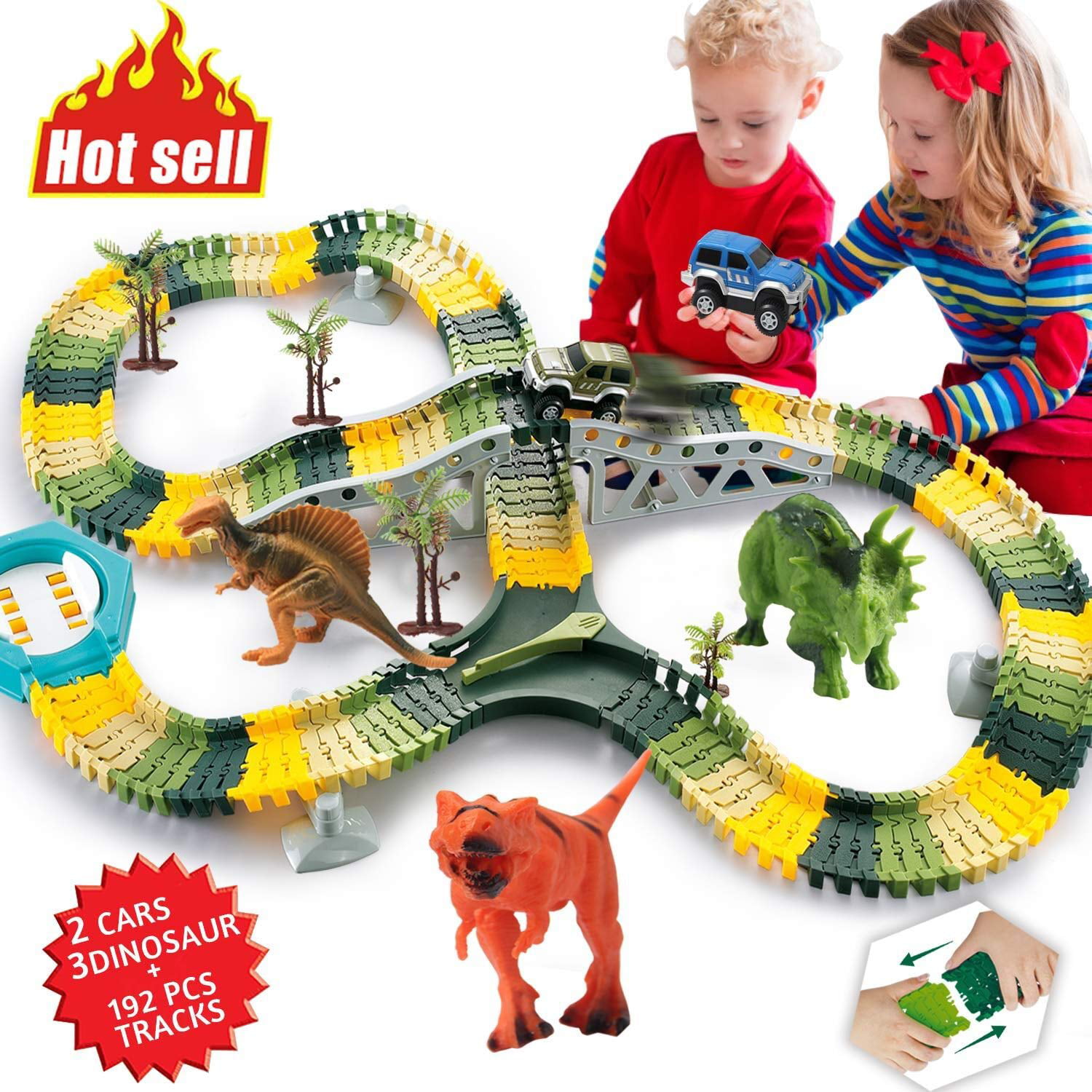 HOMOFY Dinosaur Toys Race Car Track Sets Jurassic World 144 Pcs Flexible Tracks 1 Tree 2 in 1 Tunnel 2 3 4 Year Old Girls Boys- 3 Dinosaurs 2 LED Cars Trademark Protected 