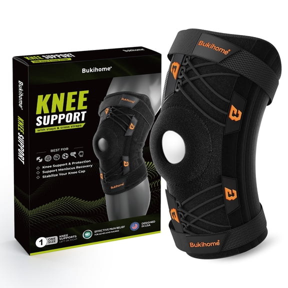 Bukihome Knee Brace Support with Gel Pads & Side Stabilizers, Adjustable Compression for Pain Relief, Meniscus Tear, Arthritis, ACL, MCL. Ideal for Running, Working Out, Sports (Large)
