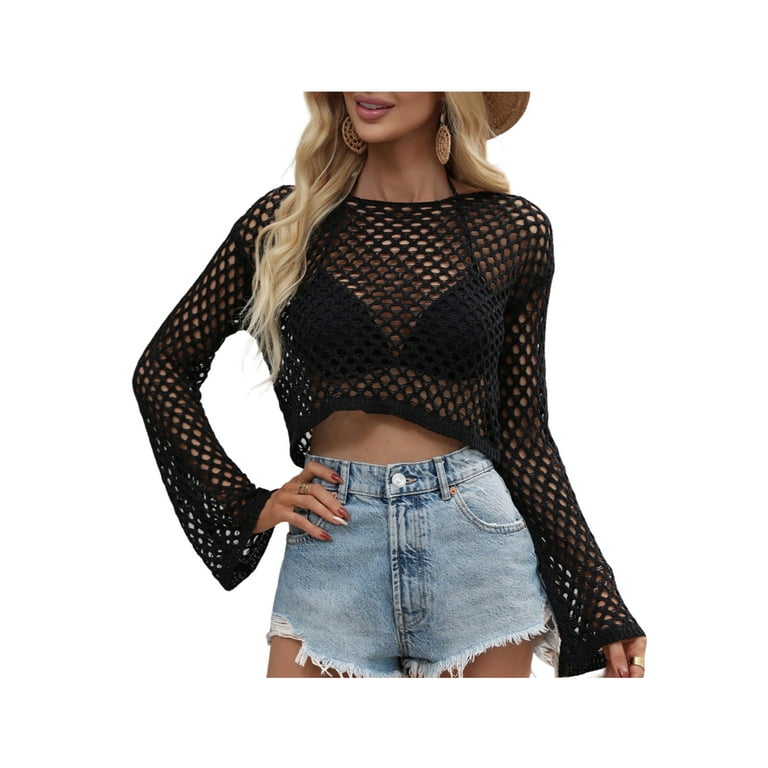 wybzd Women Hollow Out Sweater Pullover Long Sleeve Crohet Knit Crop Top  Mesh Knitted Pullover Tops Black S