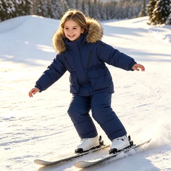 LvhaoGJOB Kids Blue Puffer Snowsuit Set - Fur Hood Jacket and Snow Pants for Winter, Toddler