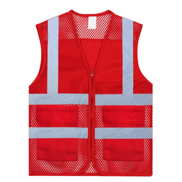 GOGO Asian Unisex Volunteer Vest Safety Reflective Running Cycling Vest with Pockets, Slim Fit-Red-L