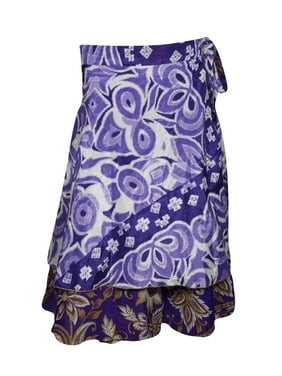 Mogul Women Purple Silk Sari Wrap Skirt Two Layer Vintage Printed Beach Bikini Cover Up Resort Wear Sarong Dress