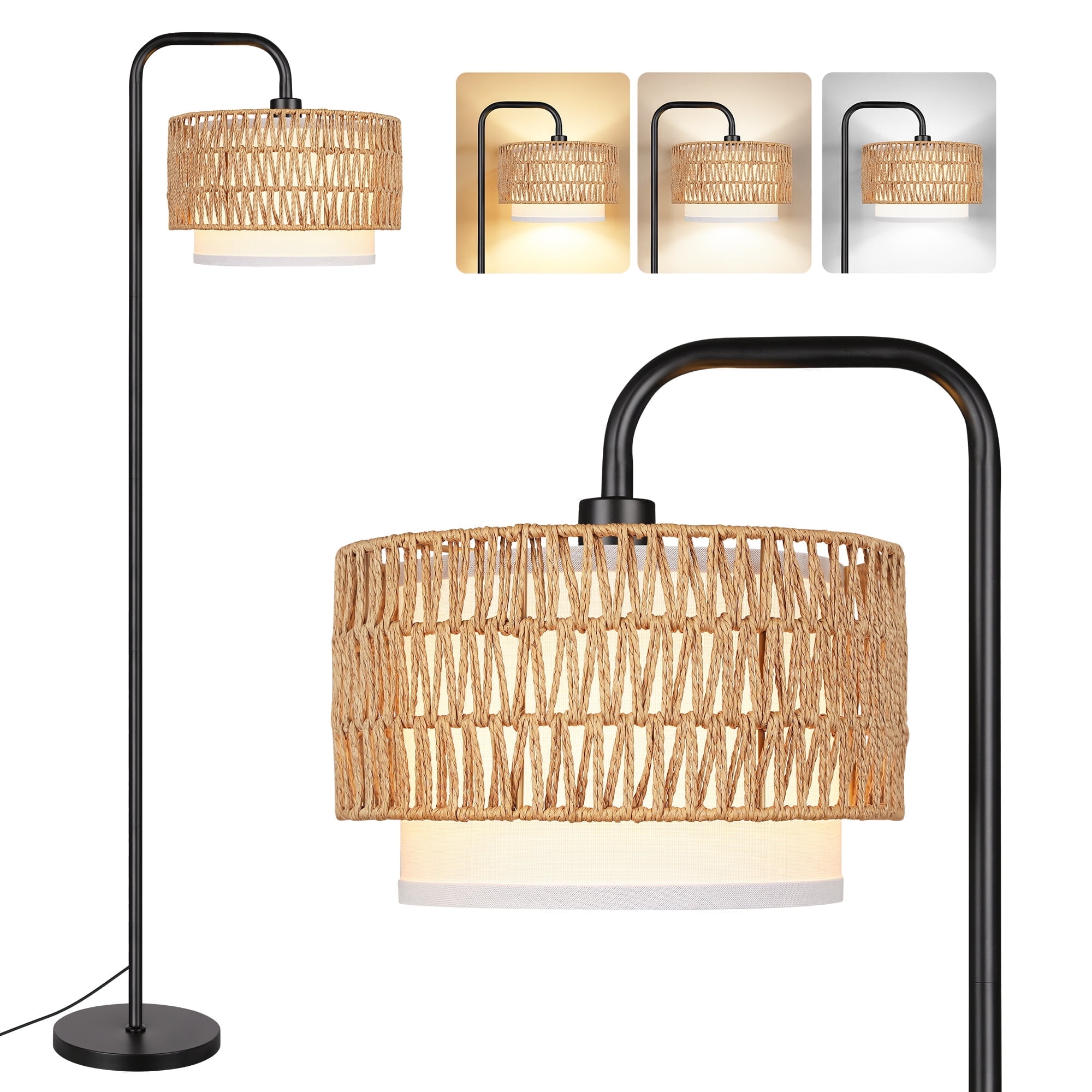 SparkGlowy Black Floor Lamp with 3 Color Temperatures, Farmhouse Tall Lamp for Living Room, Boho Standing Lamp with Rattan & Fabric Shades