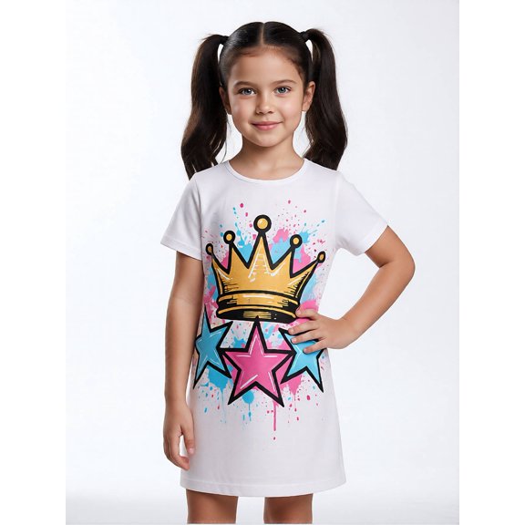 Kids Relaxed Short Sleeve Dress Slim-Fit Crewneck Casual Dresses for Girls Little Girls Age 5-10 Everyday Look