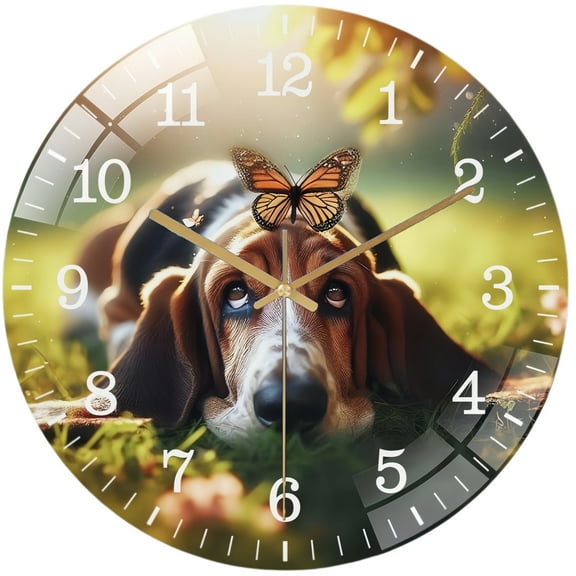 Decorative Clocks: Bassett Hound with Butterfly on It's Head Looking Up Dog Glass Wall Clock ,Dog Lover  Wall Clock  for Homes, Bars, Offices, Man Caves, Garages, And Living Rooms. .Also Makes A Grea