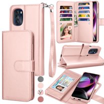EBIZCITY for Motorola Moto G 5G 2022 Case, Wallet Detachable Magnetic Cover 9 Card Slots Holder with Wrist Strap Kickstand (Rose Gold)