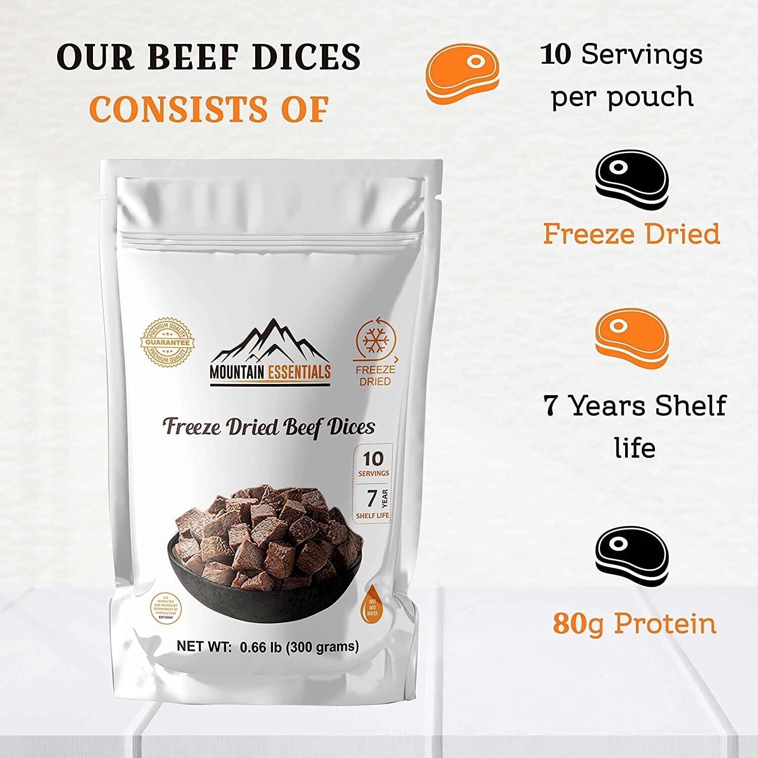 (Pack of 3) Mountain Essentials Freeze Dried Beef Dices Protein Packed Meal (300g Pouches)| Emergency Long Term Supply | Hiking, Backpacking & Camping | Easy Prep Survival Food ✅