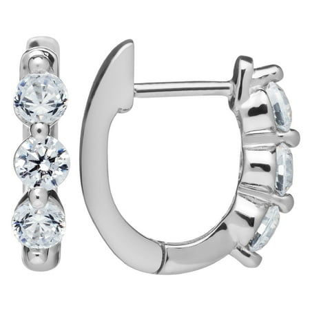 14k Solid White Gold Earrings Round Cut Huggie Hoop 3 Stone Cubic Zirconia 48 Ctw With Gift Box