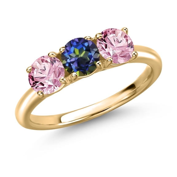 Gem Stone King 10K Yellow Gold Blue Mystic Topaz and Pink Lab Grown Diamond Engagement Ring for Women | 1.50 Cttw | Round 5MM | Gemstone November Birthstone | Size 5