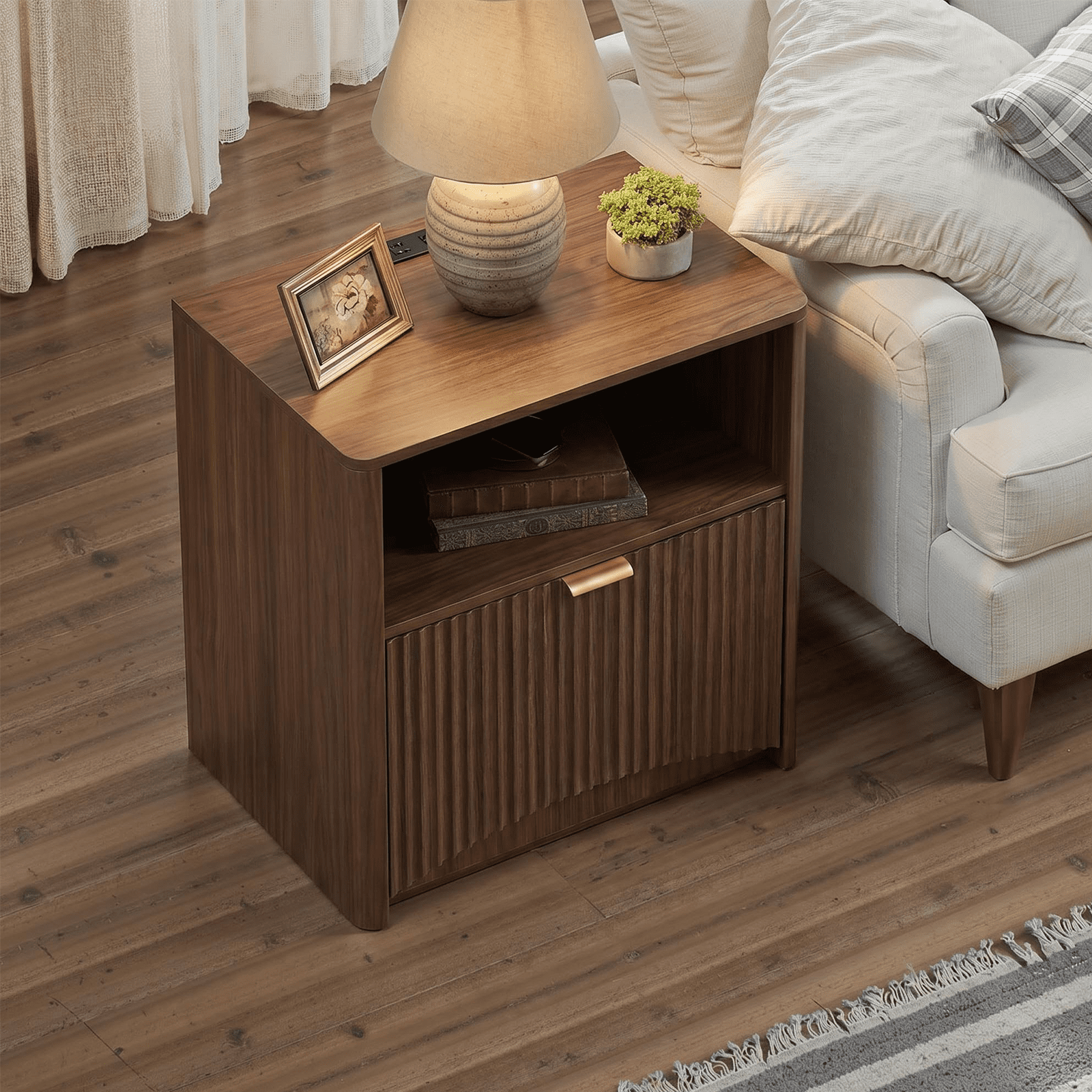 Nightstands Set of 2, Mid Century Modern Bedside Table with Charging Station, Fluted Nightstand with Drawer and Storage, Wood Large Night Stand for Bedroom, Sofa Side, Walnut